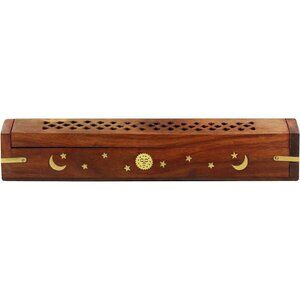 Sheesham Wood Incense Burner - Handmade Coffin Style Sun and Moon Inlay Incense